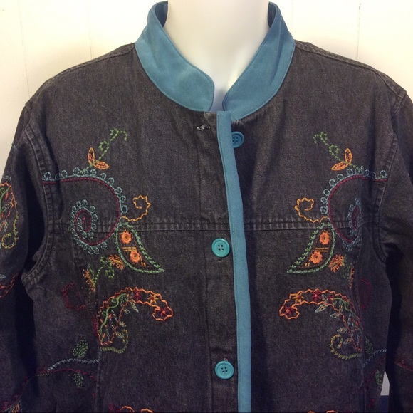 Denim & Co womens embroidered black denim jacket size large - Picture 2 of 8